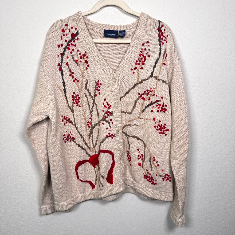 Liz Claiborne Womens Vintage Cardigan Sweater Size XL Cotton Holiday Embroidered